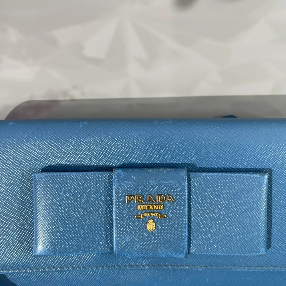 PRADA Blue Bow Saffiano Leather Wallet - Picture 8 of 17